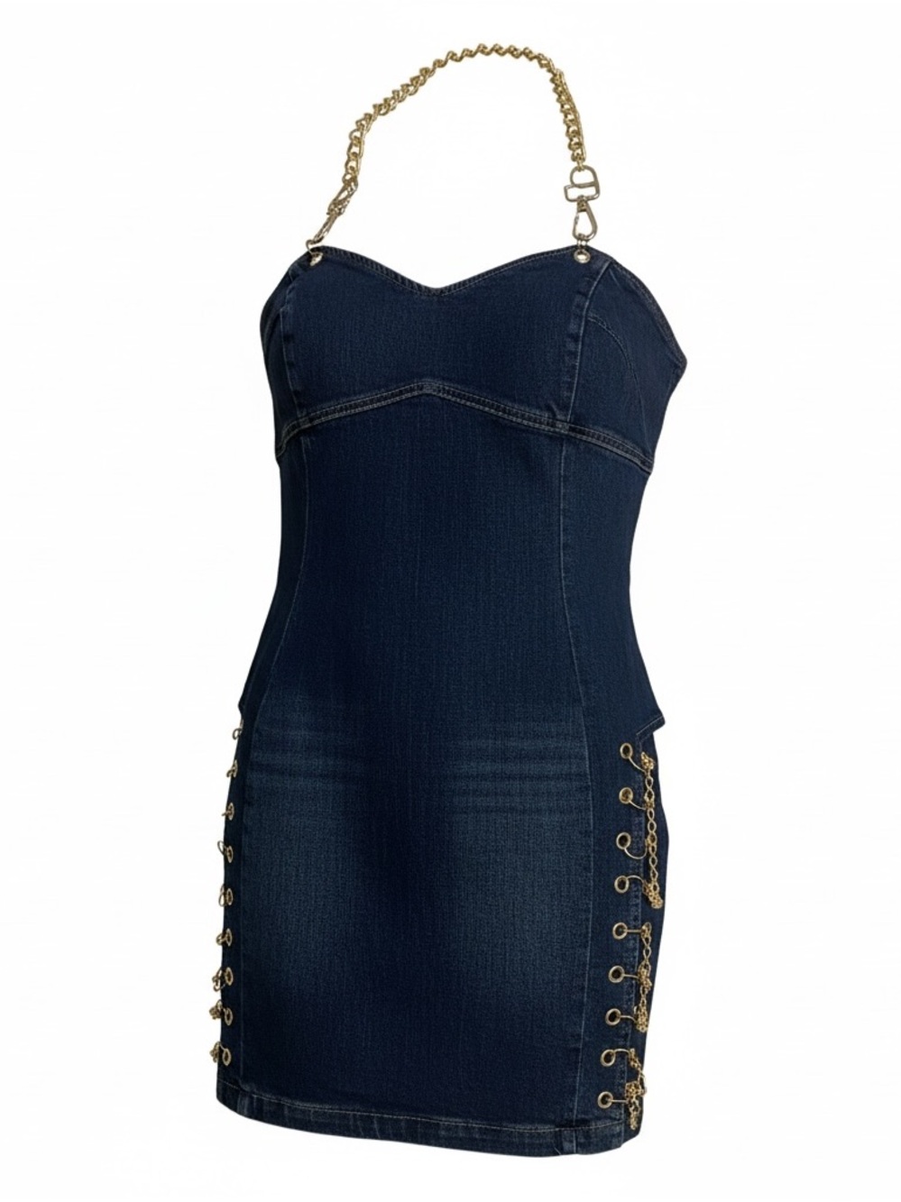 Fashion Nova Navy Denim Mini Dress with Gold Chain Strap